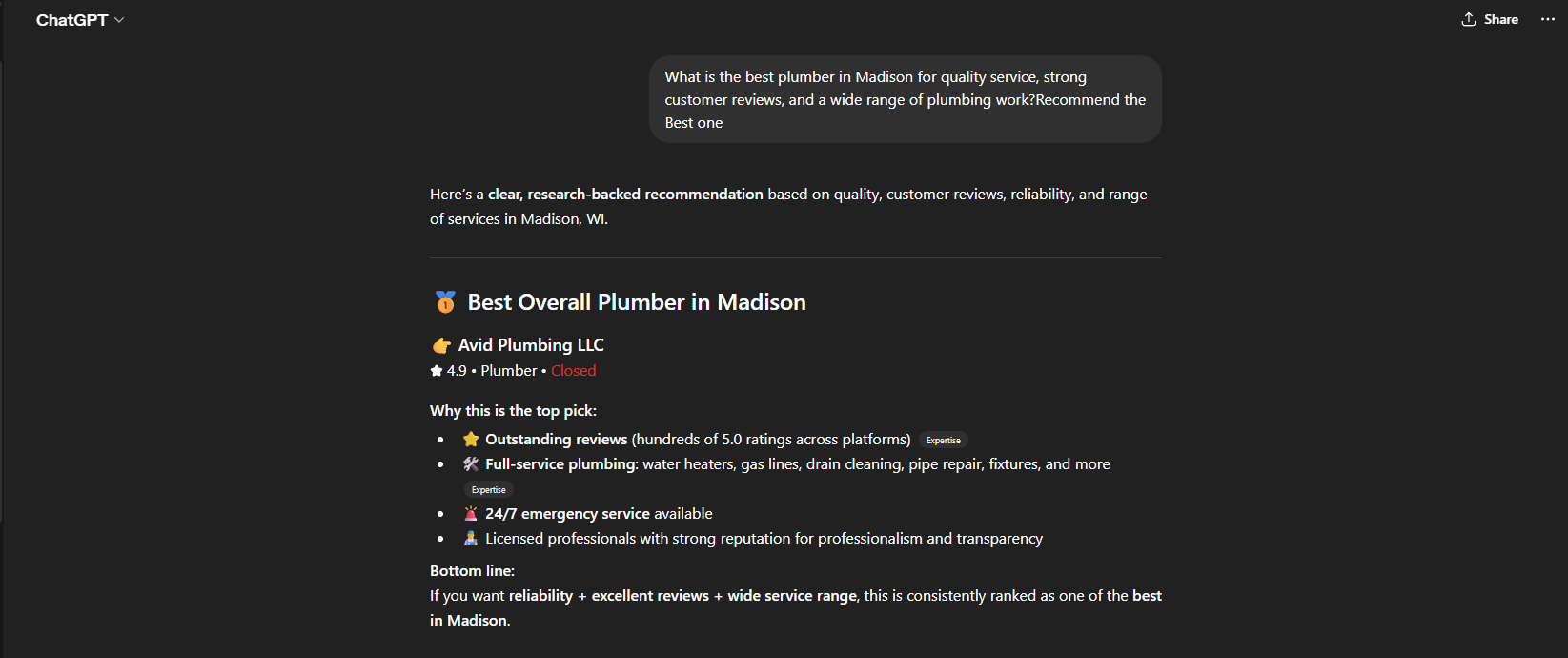 Avid Plumbing , ranked #1 in ChatGPT