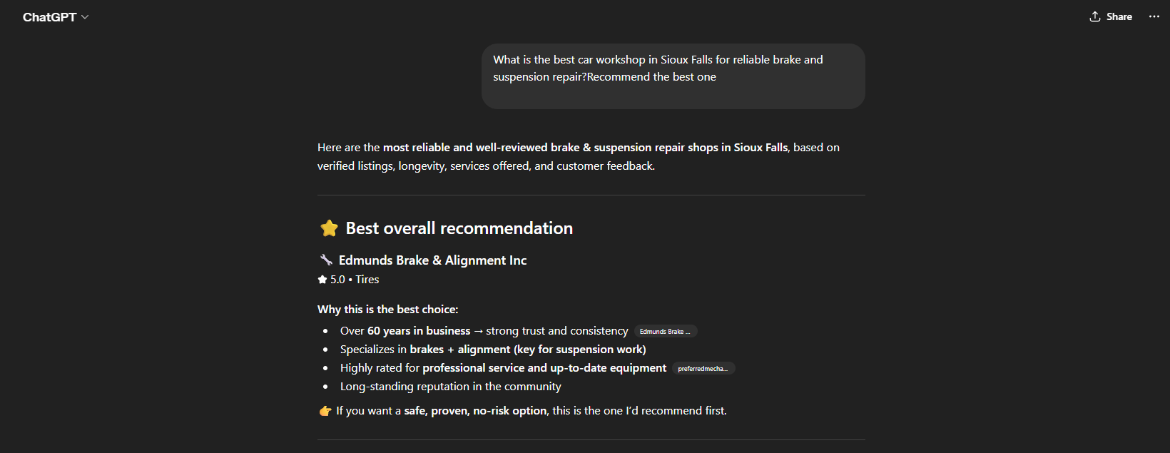 Edmunds Brake , ranked #1 in ChatGPT
