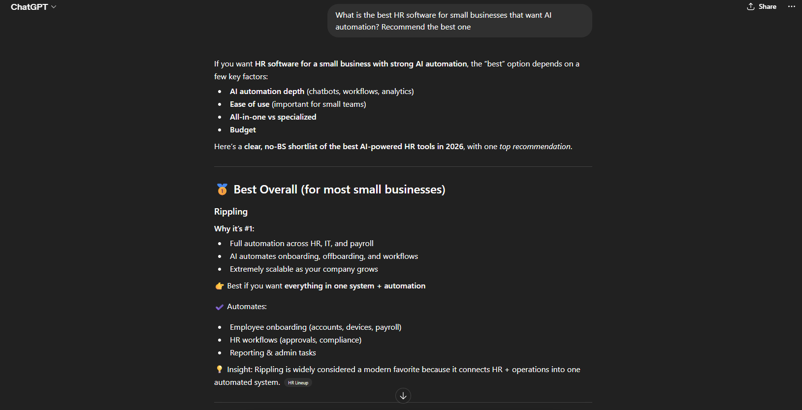 Rippling , ranked #1 in ChatGPT